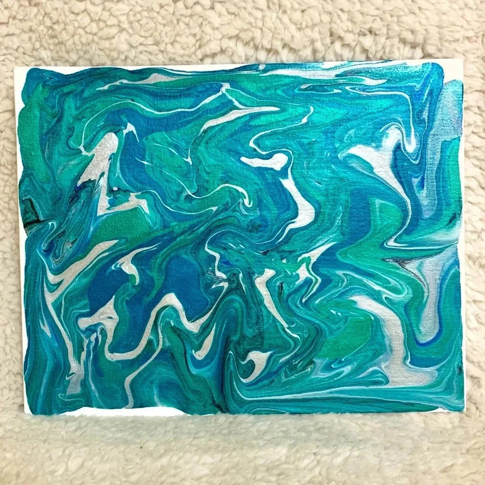 Paint Pour Art - 8 x 10 Metallic Teal, Green, White, Black and Blue Art